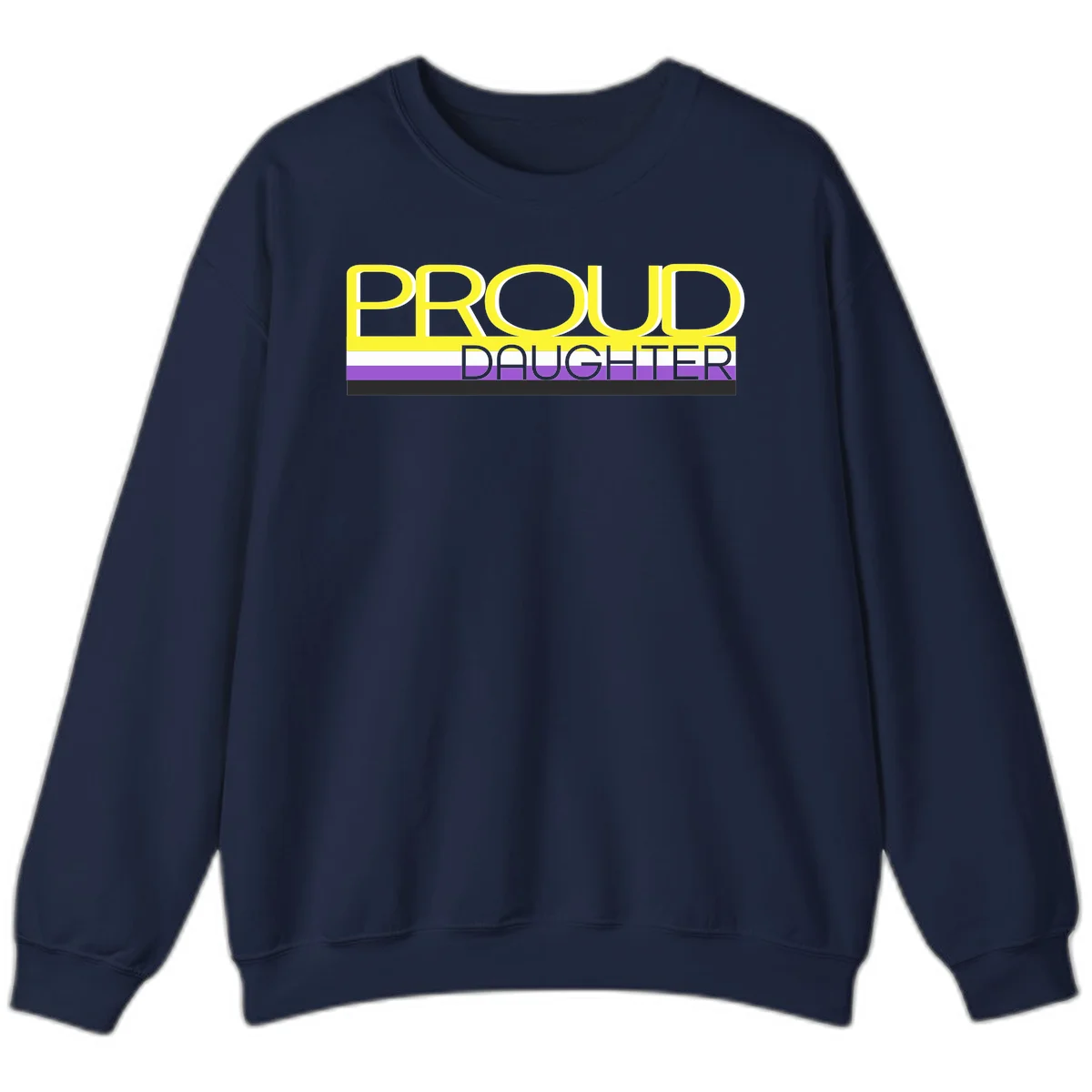 Proud daughter pride flag design with yellow text and lesbian pride stripes in yellow, white, and purple horizontal bands in Navy