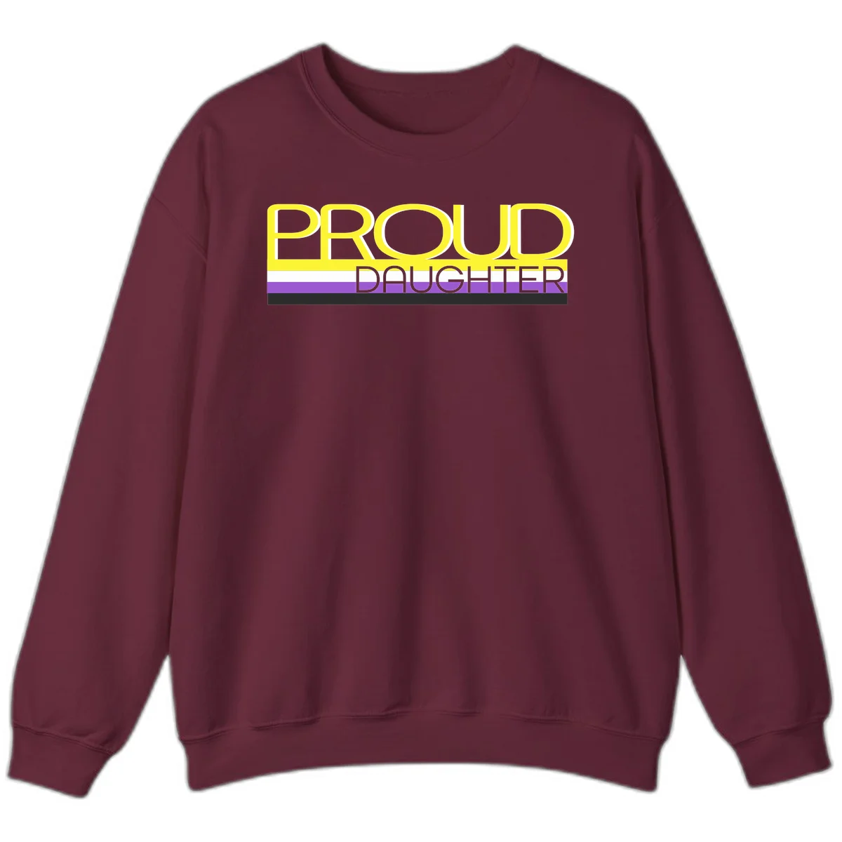Proud daughter pride flag design with yellow text and lesbian pride stripes in yellow, white, and purple horizontal bands in Maroon