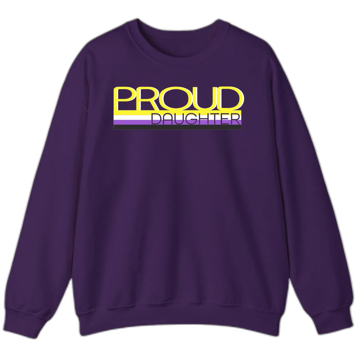 Proud daughter pride flag design with yellow text and lesbian pride stripes in yellow, white, and purple horizontal bands in Purple