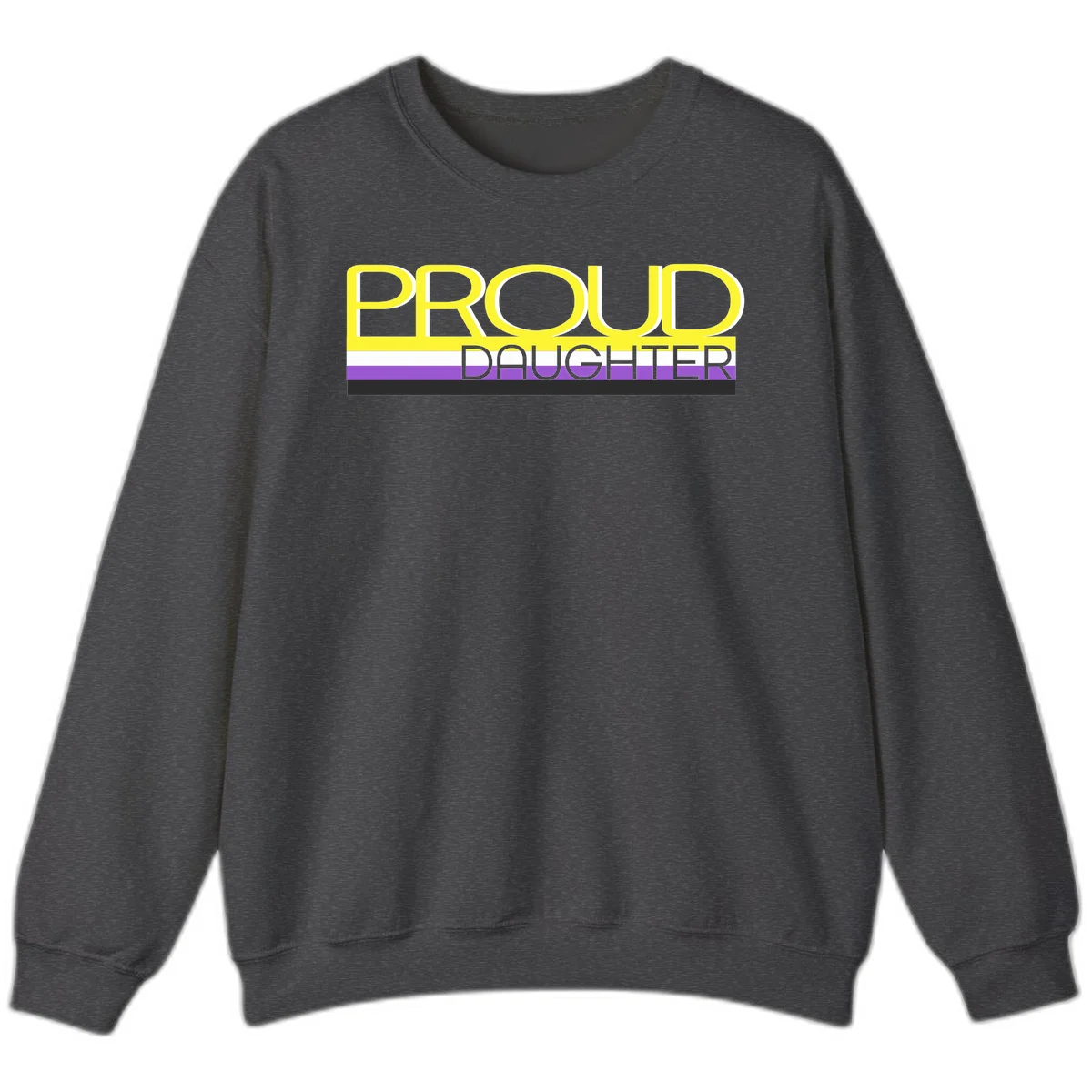 Proud daughter pride flag design with yellow text and lesbian pride stripes in yellow, white, and purple horizontal bands in Dark Heather