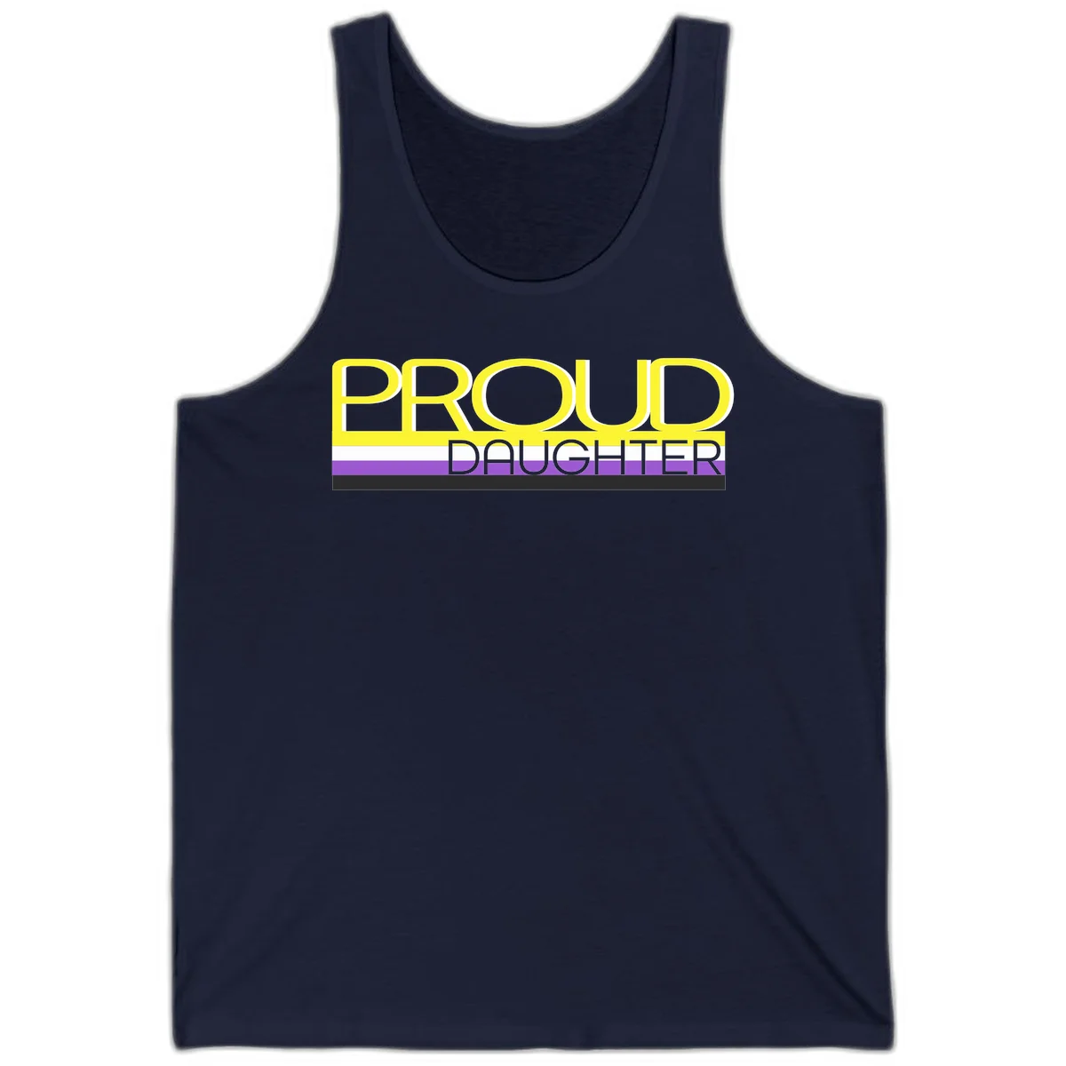 Proud daughter pride flag design with yellow text and lesbian pride stripes in yellow, white, and purple horizontal bands in Navy