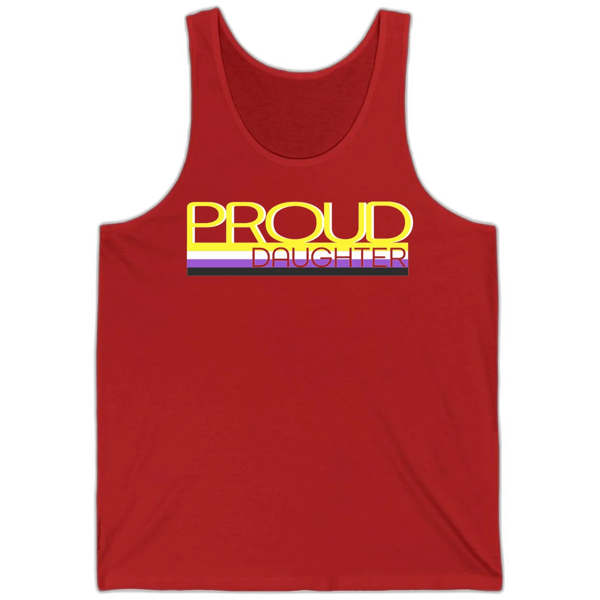 Proud daughter pride flag design with yellow text and lesbian pride stripes in yellow, white, and purple horizontal bands in Red