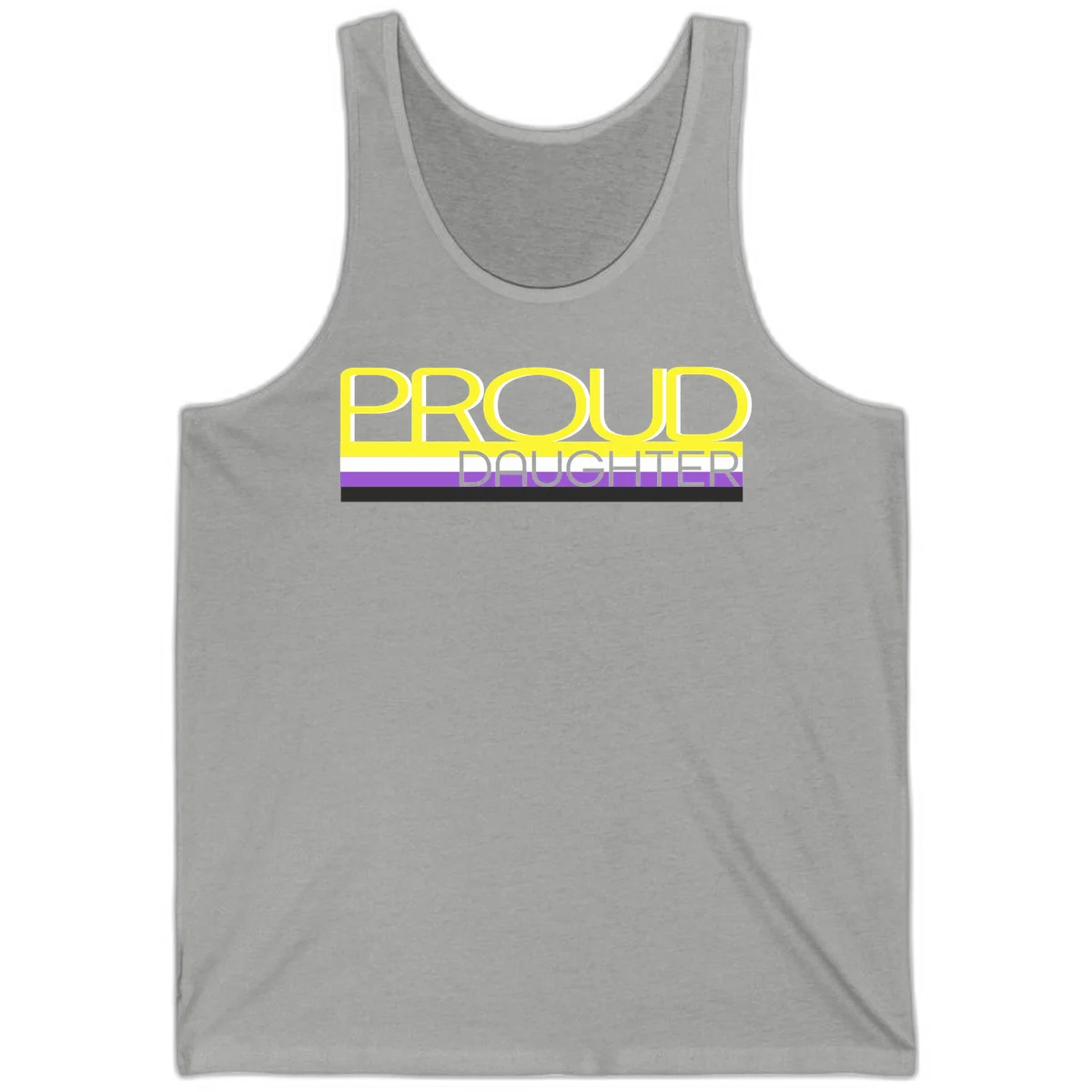Proud daughter pride flag design with yellow text and lesbian pride stripes in yellow, white, and purple horizontal bands in Athletic Heather