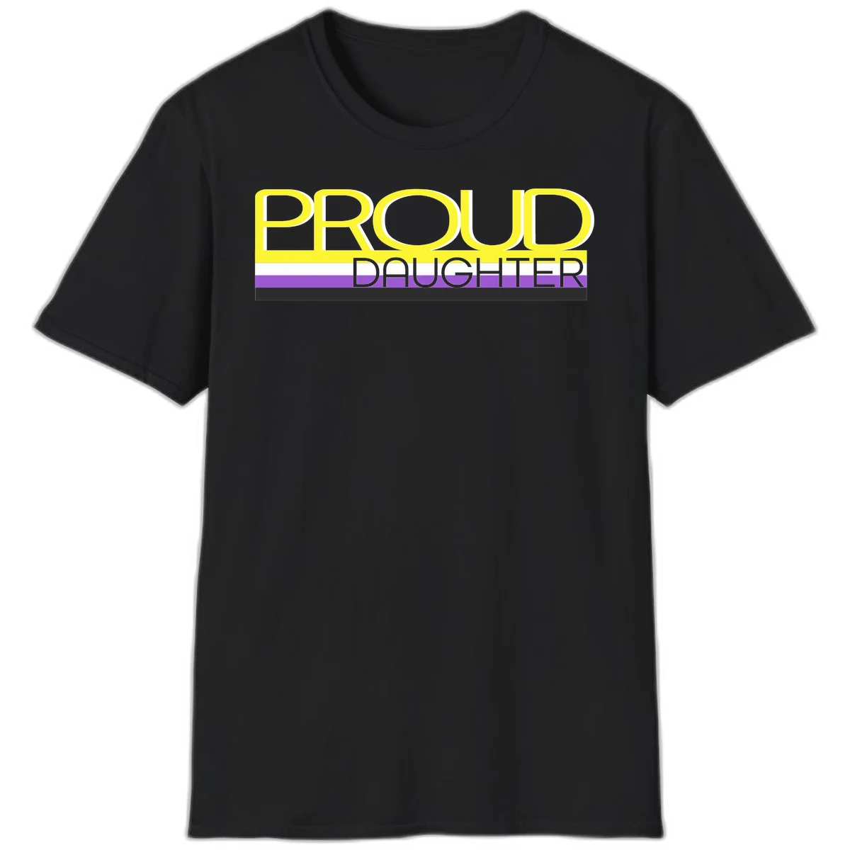 Proud daughter pride flag design with yellow text and lesbian pride stripes in yellow, white, and purple horizontal bands in Black