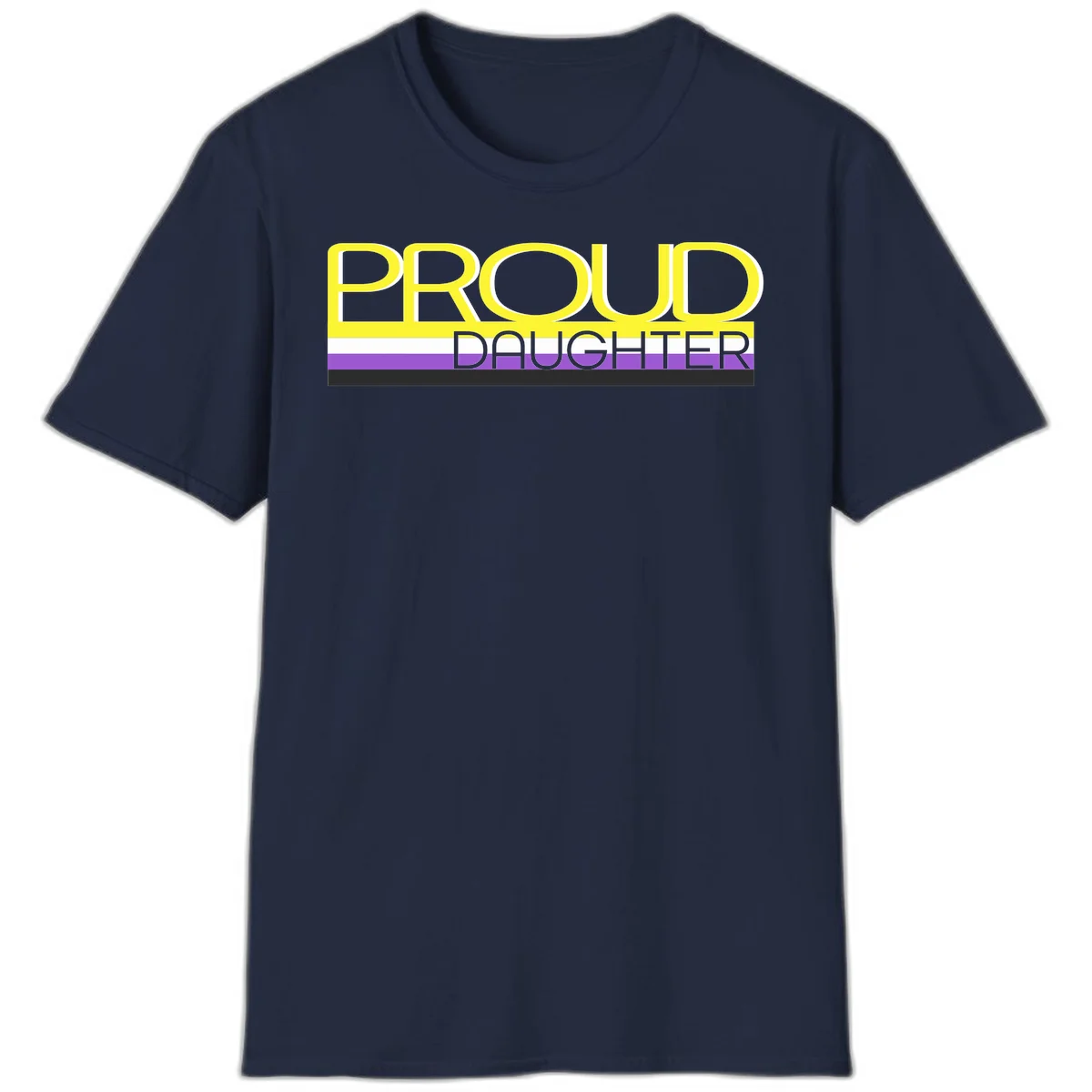 Proud daughter pride flag design with yellow text and lesbian pride stripes in yellow, white, and purple horizontal bands in Navy