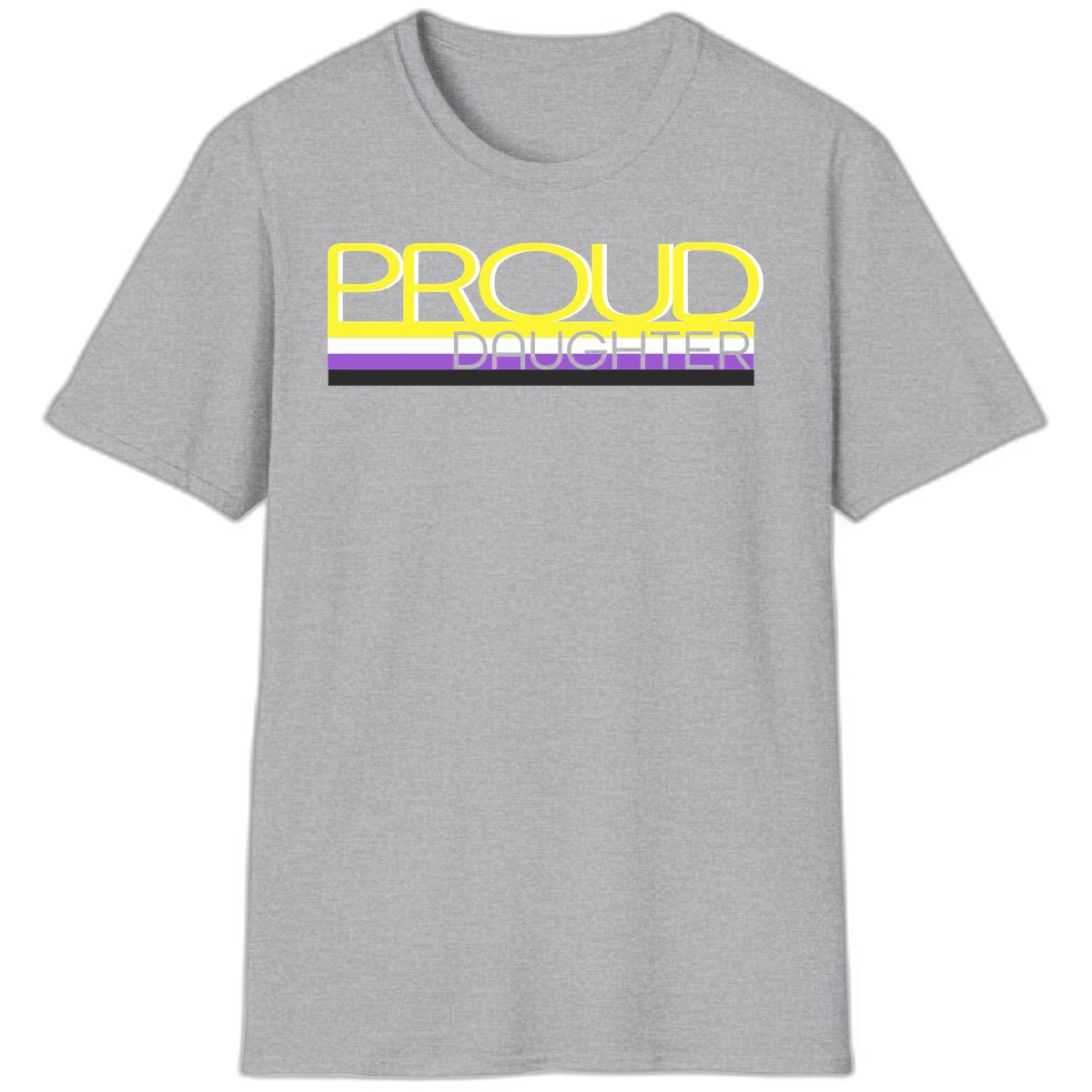 Proud daughter pride flag design with yellow text and lesbian pride stripes in yellow, white, and purple horizontal bands in Sport Grey