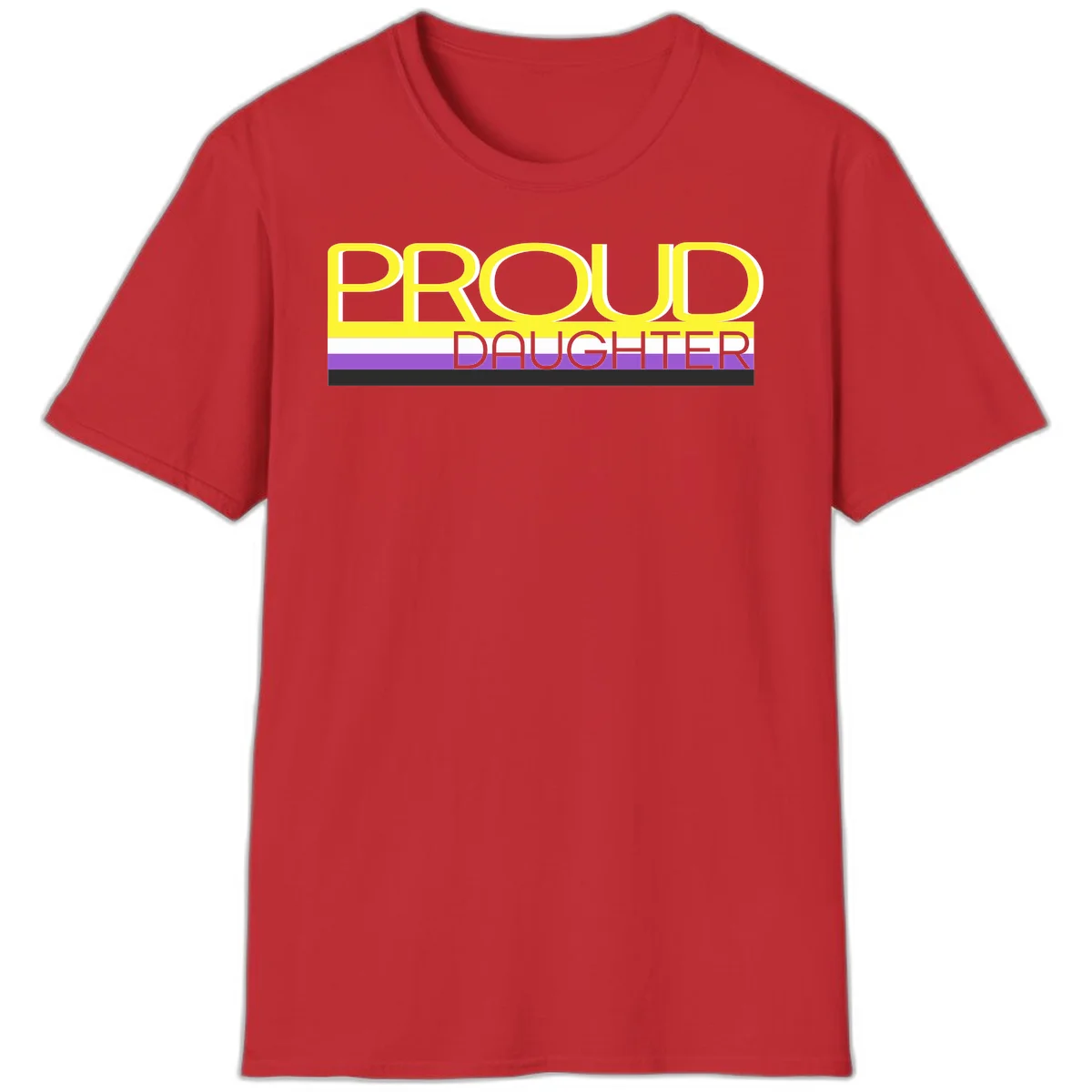 Proud daughter pride flag design with yellow text and lesbian pride stripes in yellow, white, and purple horizontal bands in Red