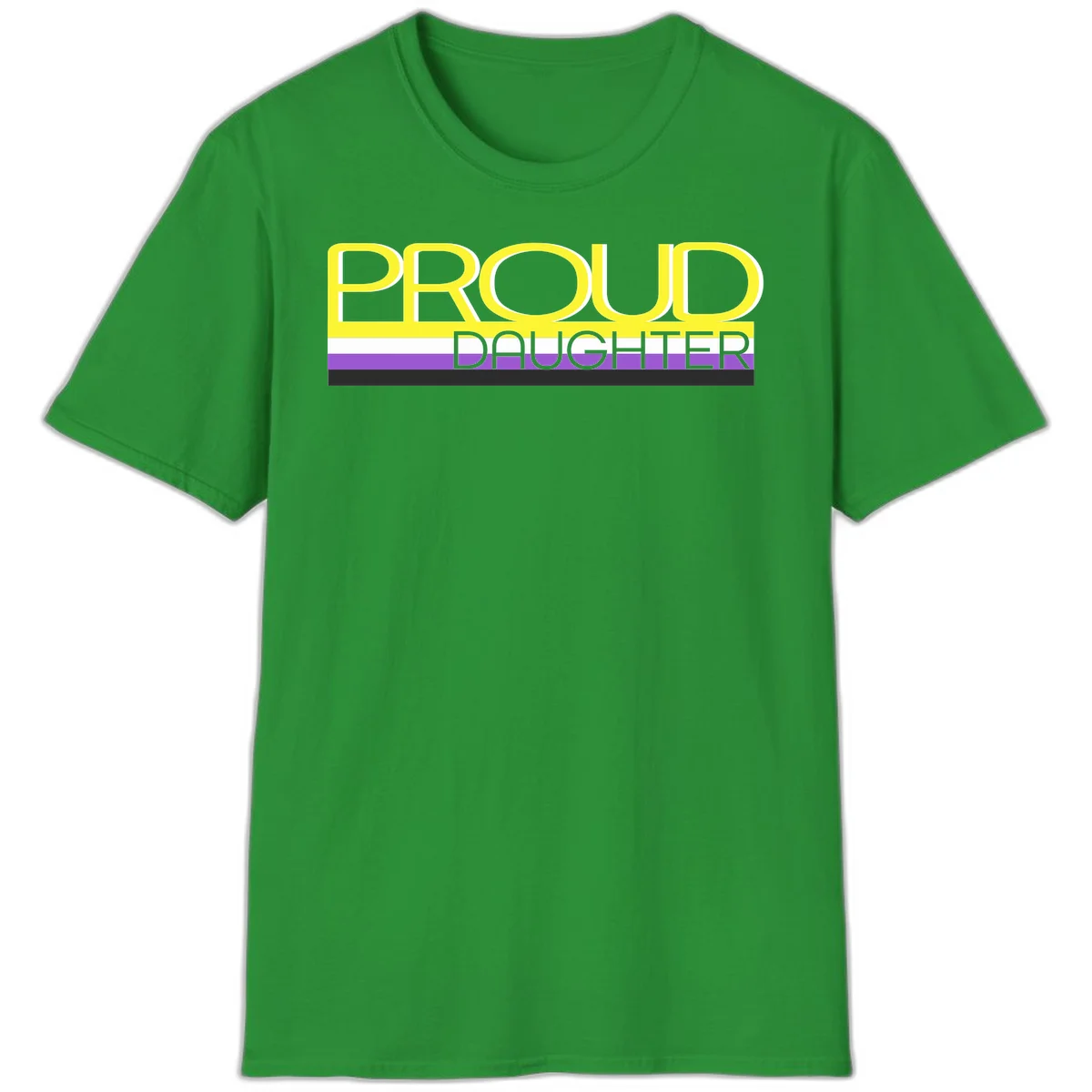 Proud daughter pride flag design with yellow text and lesbian pride stripes in yellow, white, and purple horizontal bands in Irish Green