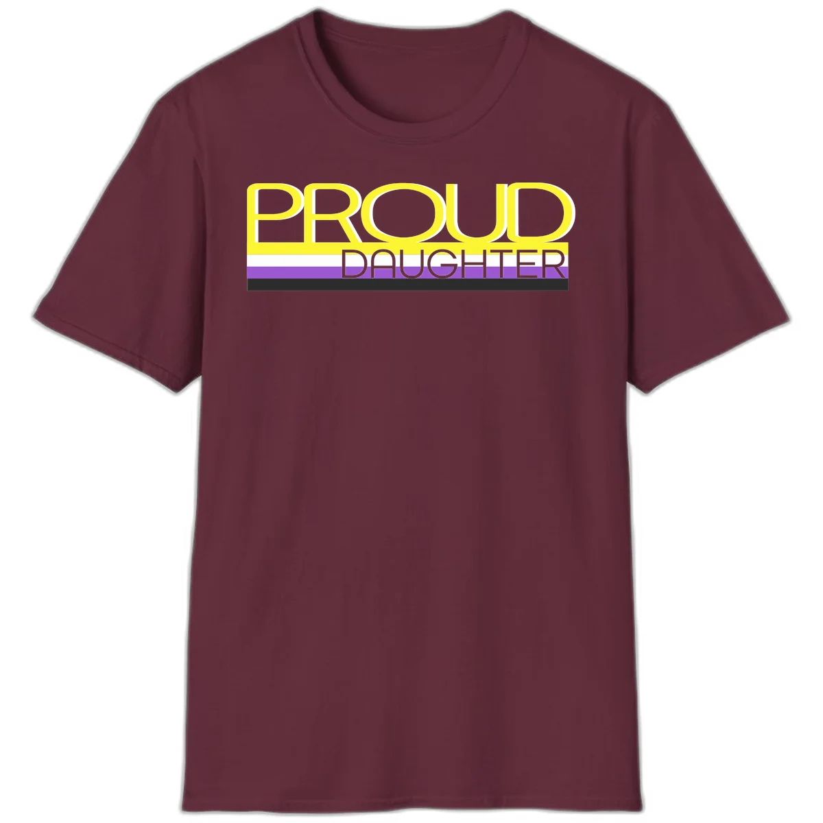 Proud daughter pride flag design with yellow text and lesbian pride stripes in yellow, white, and purple horizontal bands in Maroon