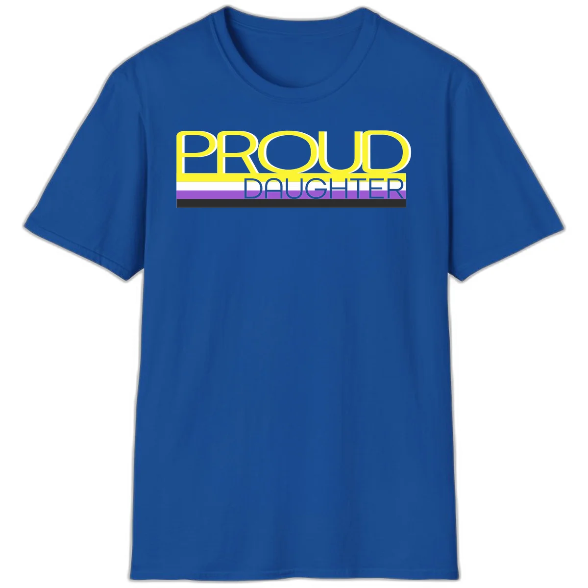 Proud daughter pride flag design with yellow text and lesbian pride stripes in yellow, white, and purple horizontal bands in Royal