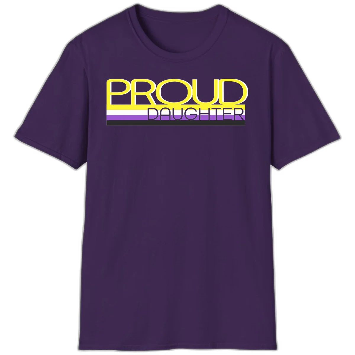 Proud daughter pride flag design with yellow text and lesbian pride stripes in yellow, white, and purple horizontal bands in Purple