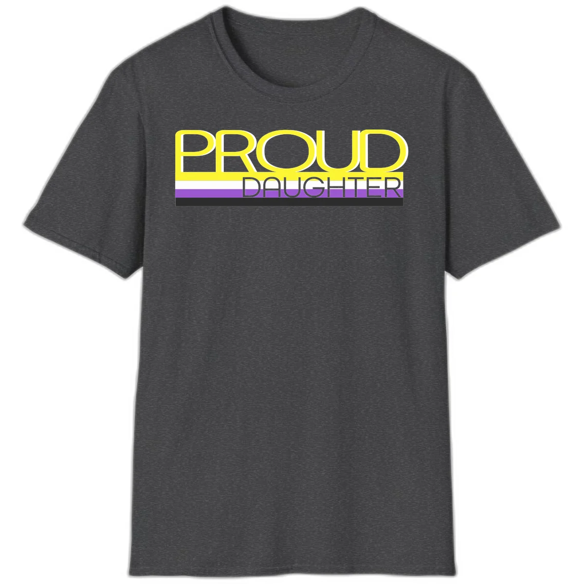 Proud daughter pride flag design with yellow text and lesbian pride stripes in yellow, white, and purple horizontal bands in Dark Heather