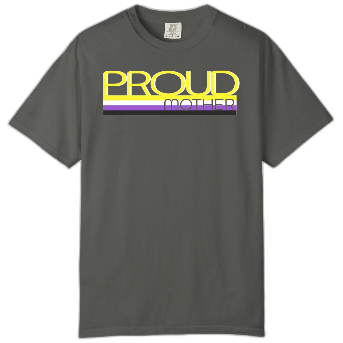 Bold yellow 'PROUD MOTHER' text with purple, white, and black horizontal pride stripes below on gray background in Pepper
