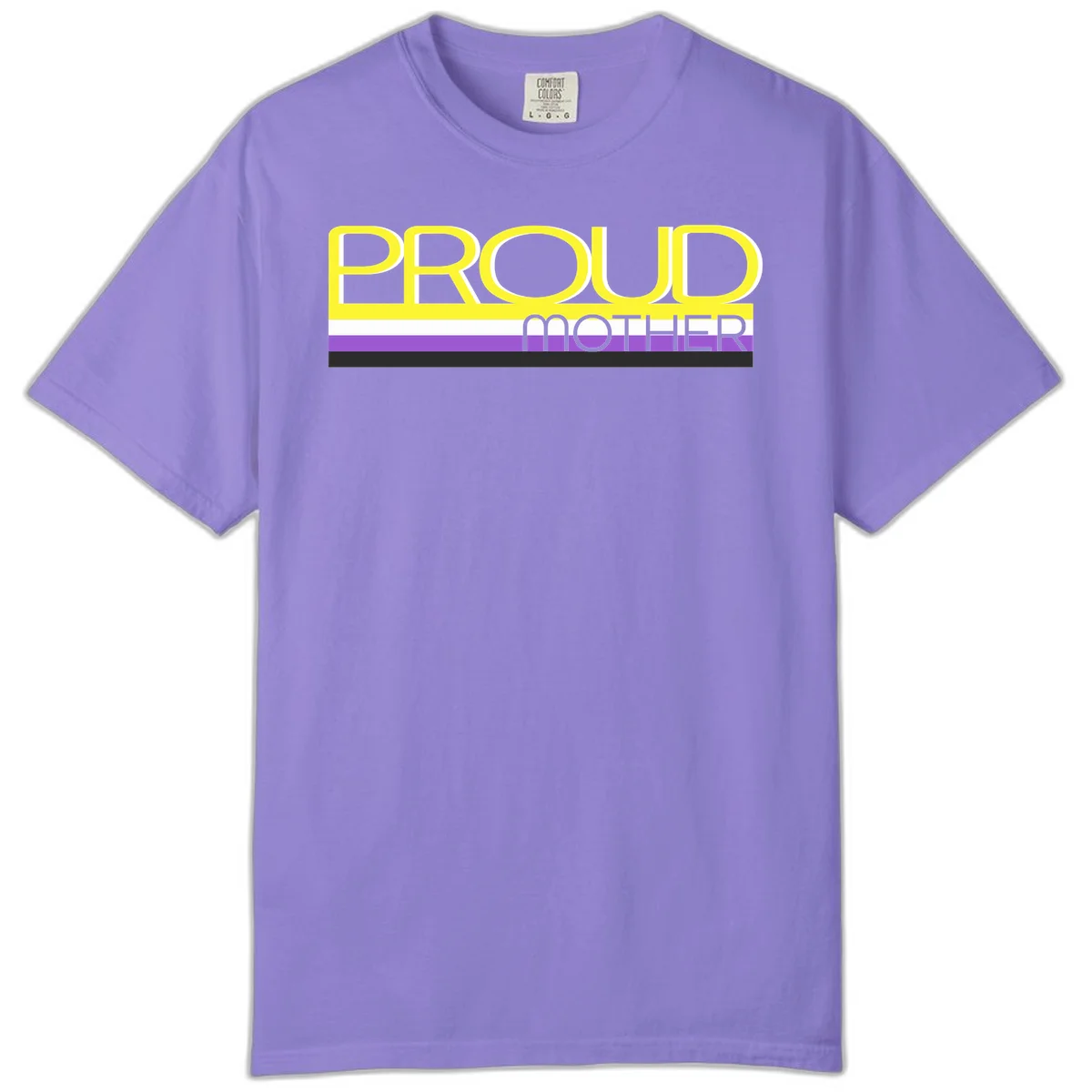 Bold yellow 'PROUD MOTHER' text with purple, white, and black horizontal pride stripes below on gray background in Violet