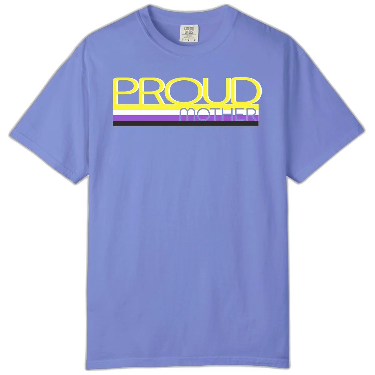 Bold yellow 'PROUD MOTHER' text with purple, white, and black horizontal pride stripes below on gray background in Flo Blue