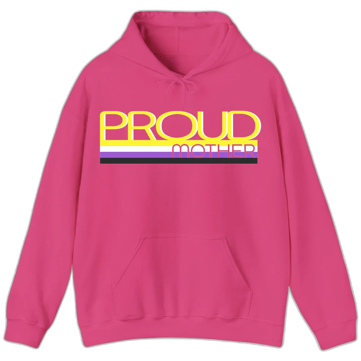 Bold yellow 'PROUD MOTHER' text with purple, white, and black horizontal pride stripes below on gray background in Heliconia