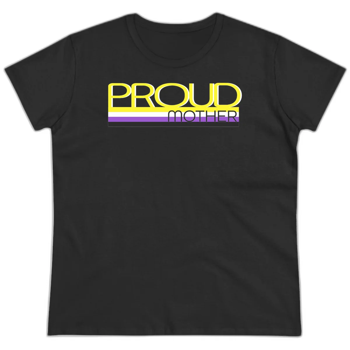 Bold yellow 'PROUD MOTHER' text with purple, white, and black horizontal pride stripes below on gray background in Black