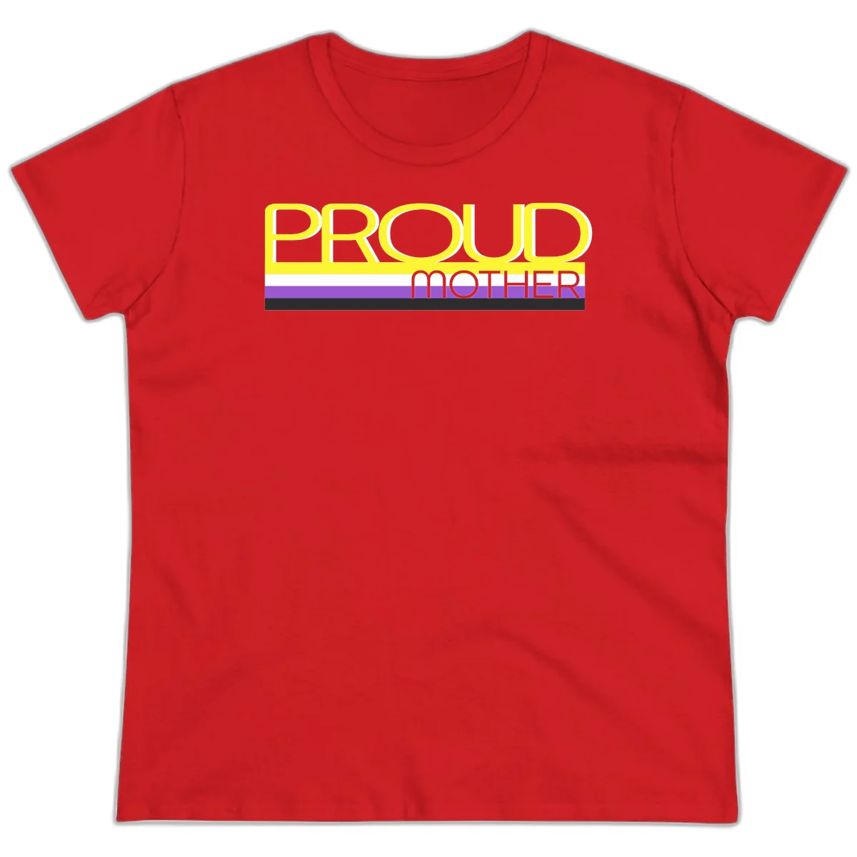 Bold yellow 'PROUD MOTHER' text with purple, white, and black horizontal pride stripes below on gray background in Red
