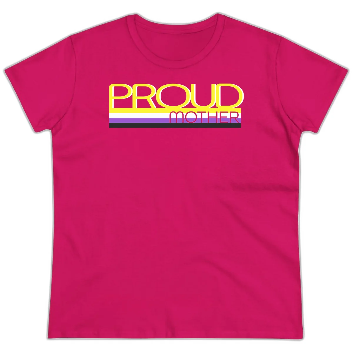 Bold yellow 'PROUD MOTHER' text with purple, white, and black horizontal pride stripes below on gray background in Heliconia
