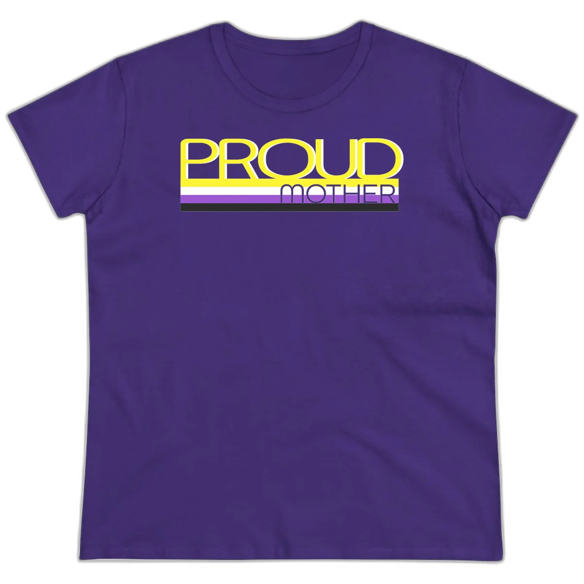 Bold yellow 'PROUD MOTHER' text with purple, white, and black horizontal pride stripes below on gray background in Purple
