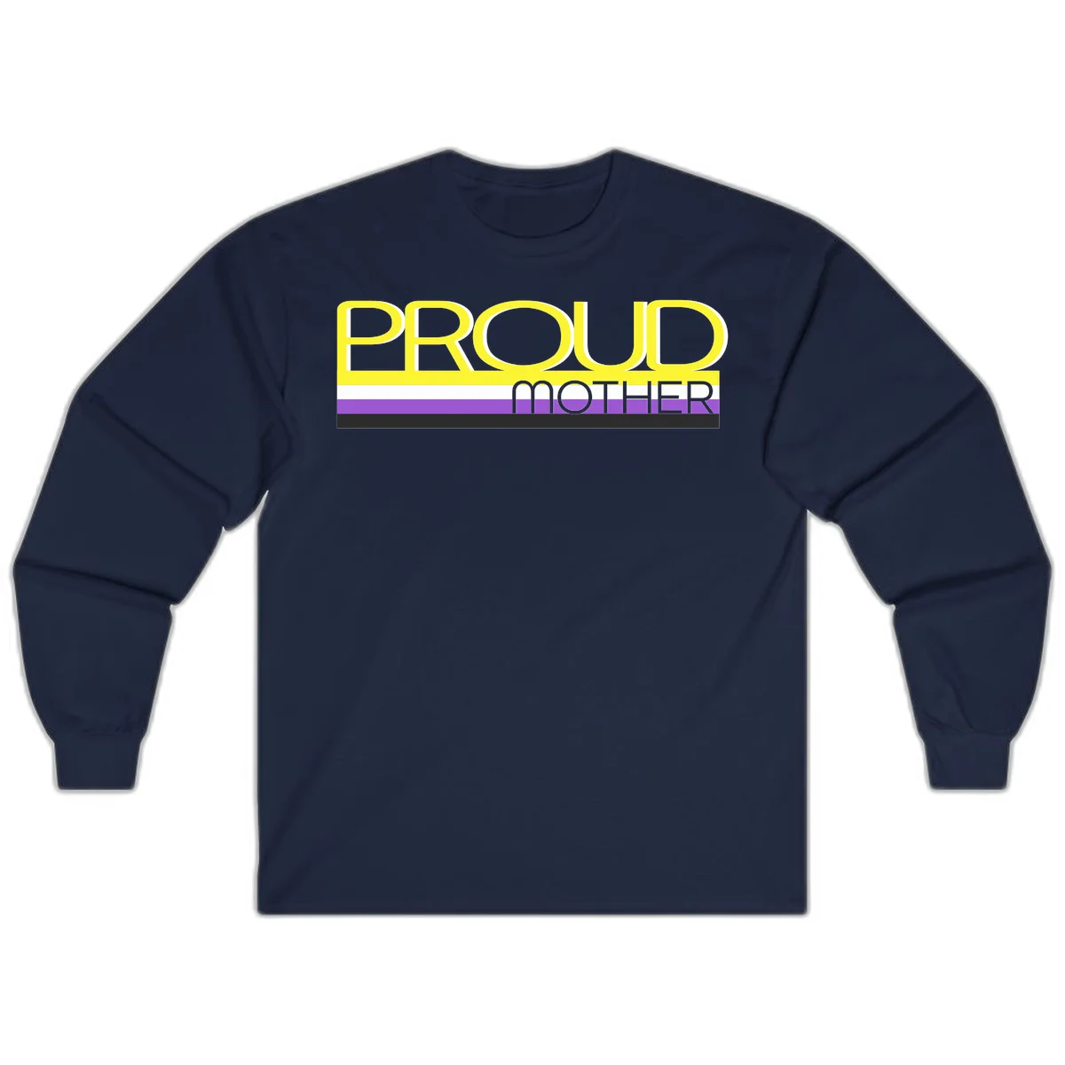 Bold yellow 'PROUD MOTHER' text with purple, white, and black horizontal pride stripes below on gray background in Navy