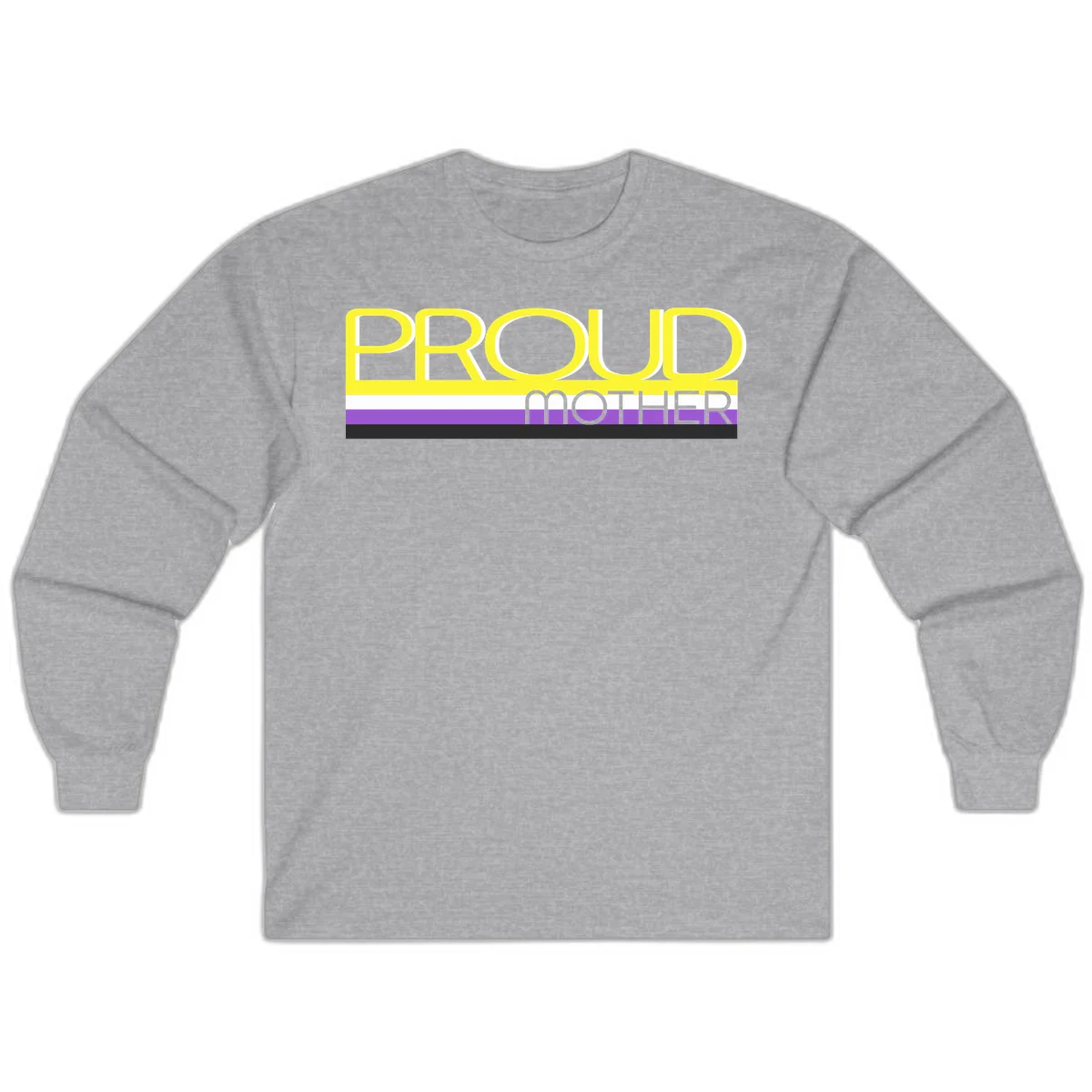 Bold yellow 'PROUD MOTHER' text with purple, white, and black horizontal pride stripes below on gray background in Sport Grey
