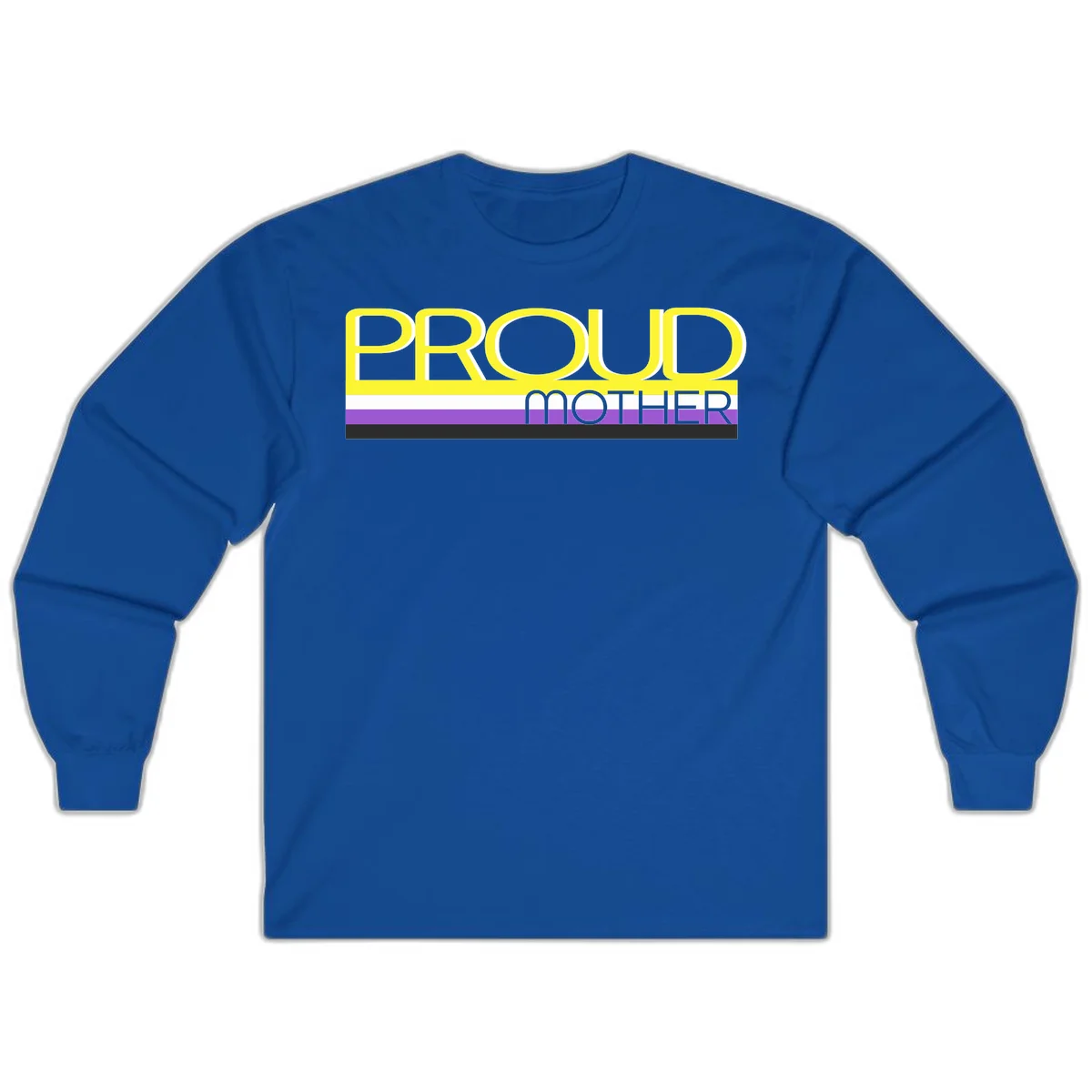 Bold yellow 'PROUD MOTHER' text with purple, white, and black horizontal pride stripes below on gray background in Royal