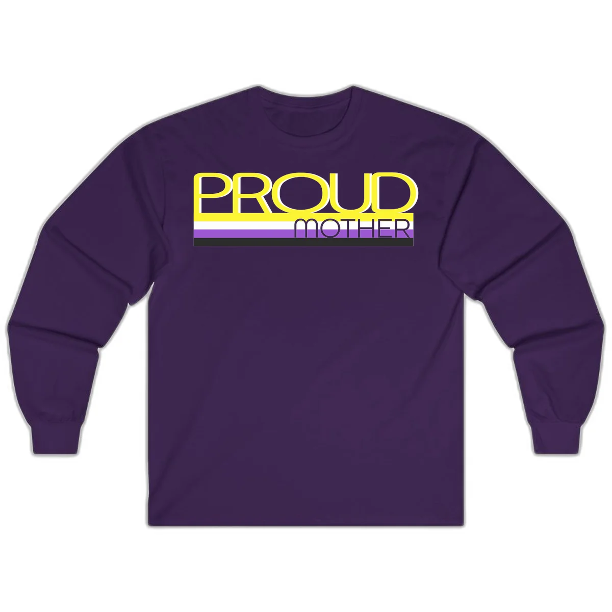 Bold yellow 'PROUD MOTHER' text with purple, white, and black horizontal pride stripes below on gray background in Purple