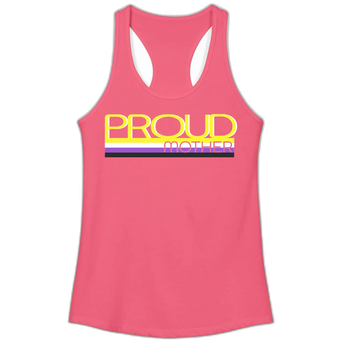 Bold yellow 'PROUD MOTHER' text with purple, white, and black horizontal pride stripes below on gray background in Hot Pink