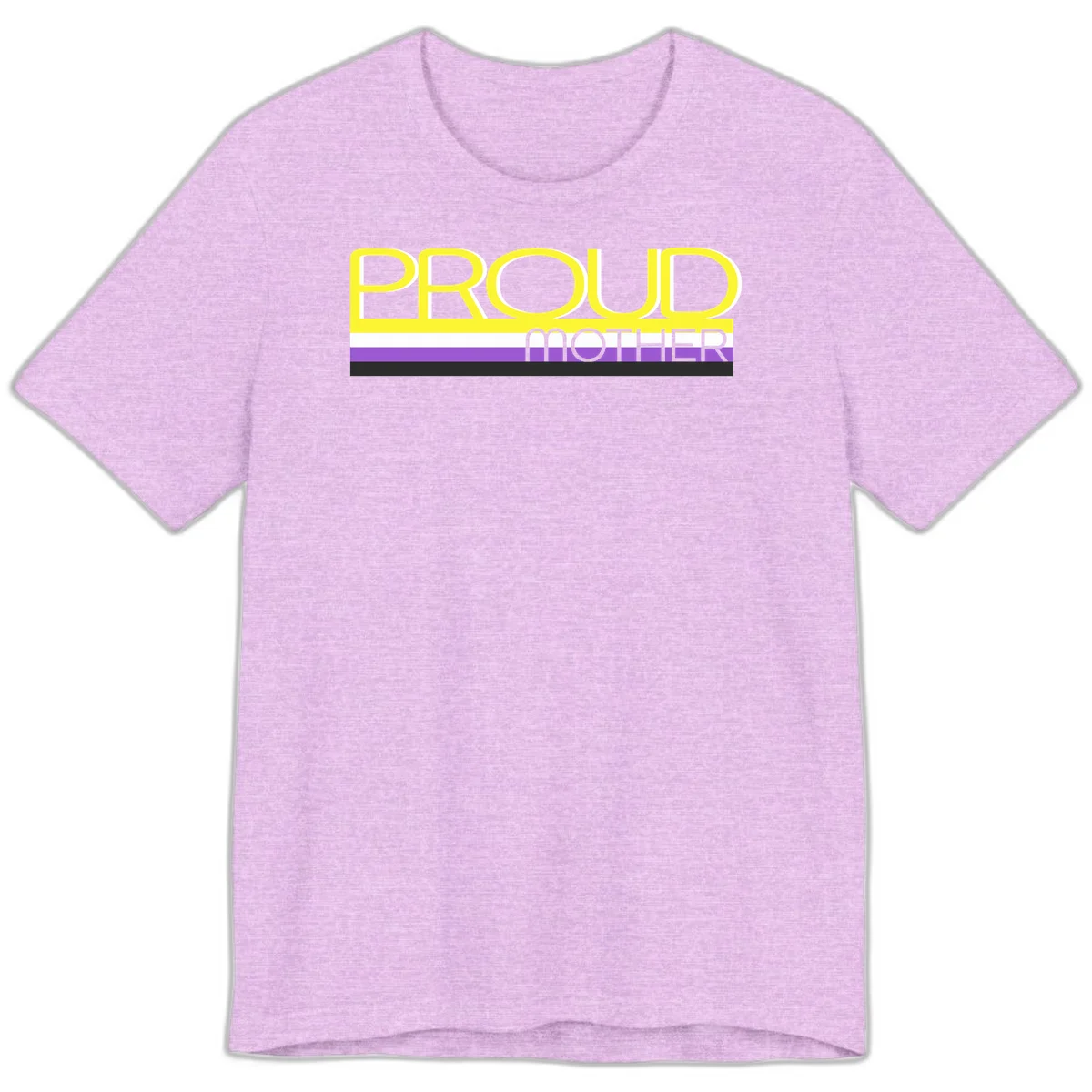 Bold yellow 'PROUD MOTHER' text with purple, white, and black horizontal pride stripes below on gray background in Heather Prism Lilac