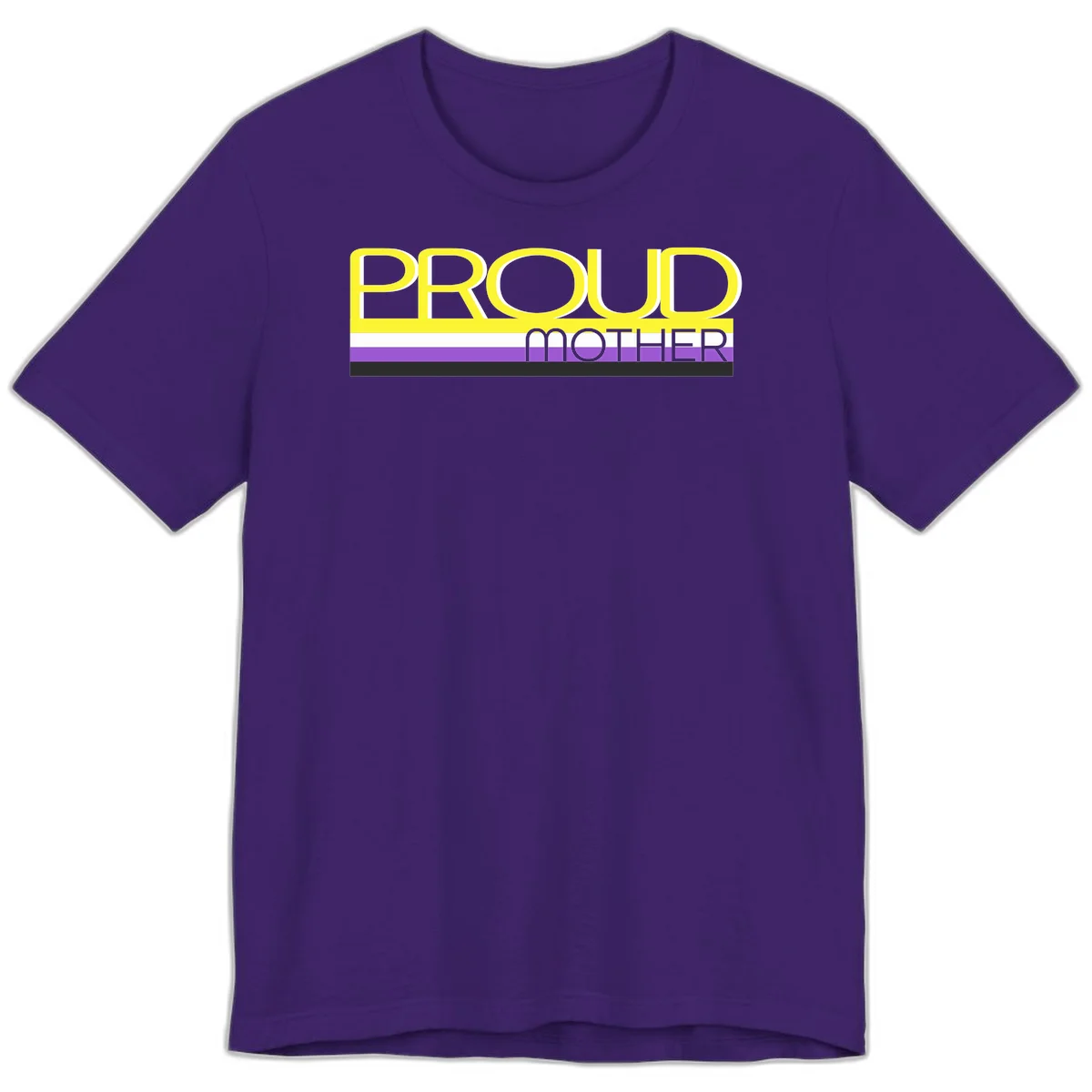 Bold yellow 'PROUD MOTHER' text with purple, white, and black horizontal pride stripes below on gray background in Team Purple