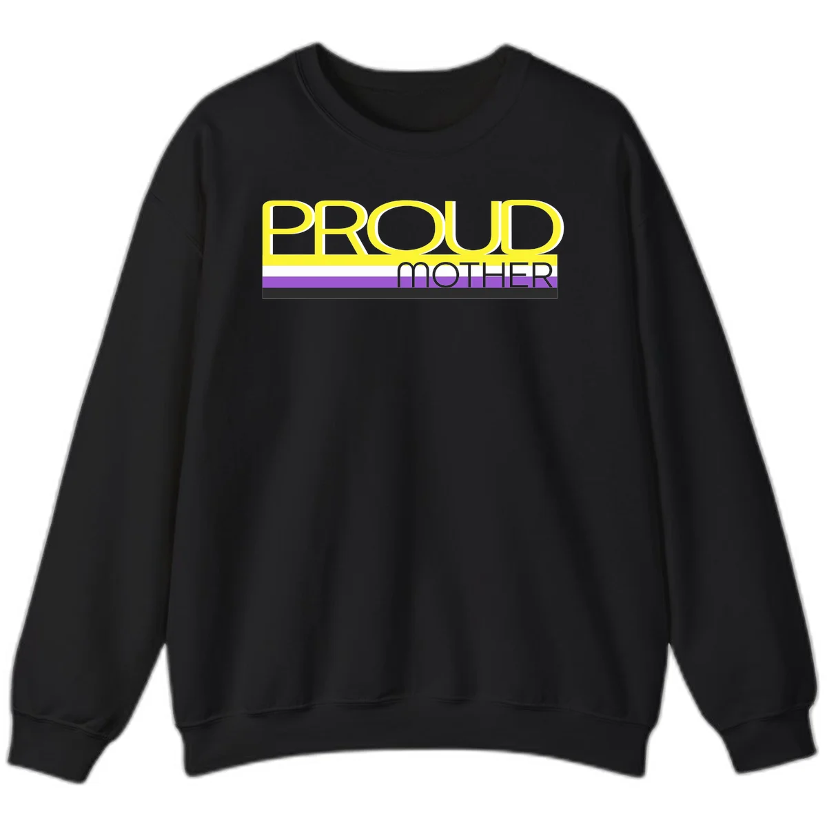 Bold yellow 'PROUD MOTHER' text with purple, white, and black horizontal pride stripes below on gray background in Black