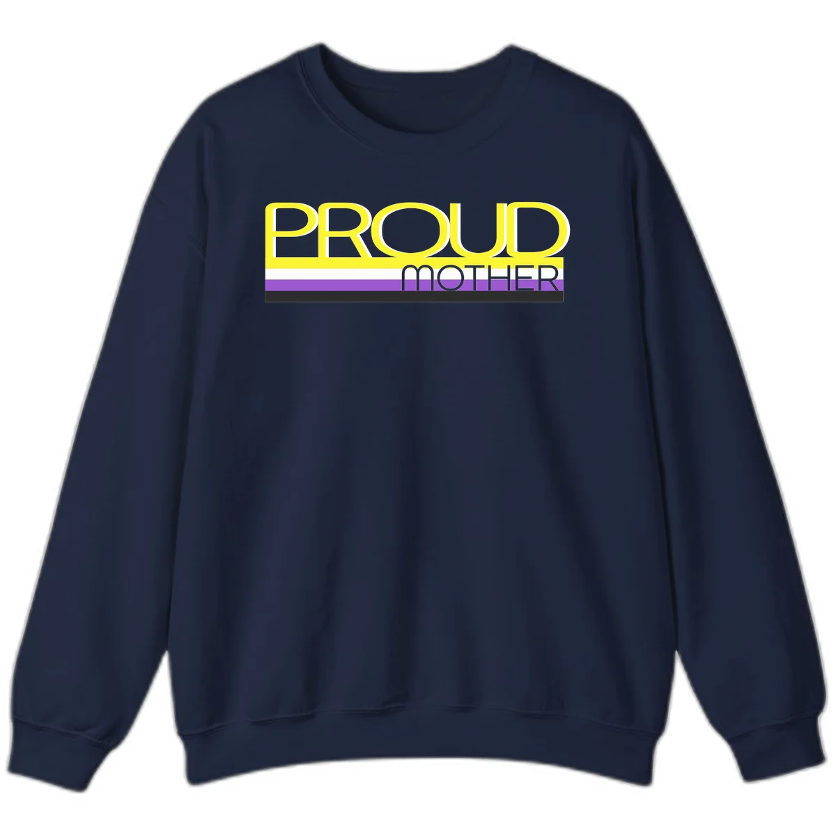 Bold yellow 'PROUD MOTHER' text with purple, white, and black horizontal pride stripes below on gray background in Navy