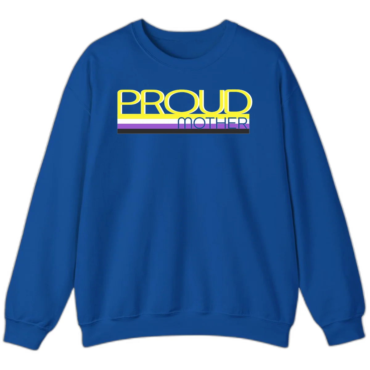 Bold yellow 'PROUD MOTHER' text with purple, white, and black horizontal pride stripes below on gray background in Royal