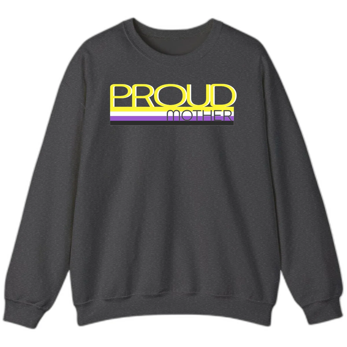 Bold yellow 'PROUD MOTHER' text with purple, white, and black horizontal pride stripes below on gray background in Dark Heather