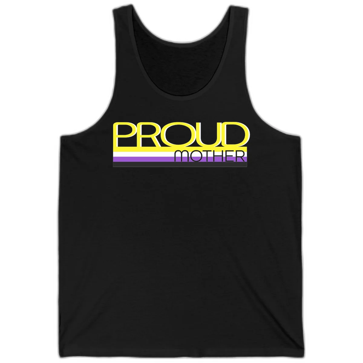 Bold yellow 'PROUD MOTHER' text with purple, white, and black horizontal pride stripes below on gray background in Black