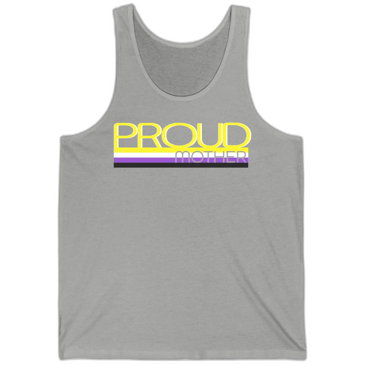 Bold yellow 'PROUD MOTHER' text with purple, white, and black horizontal pride stripes below on gray background in Athletic Heather