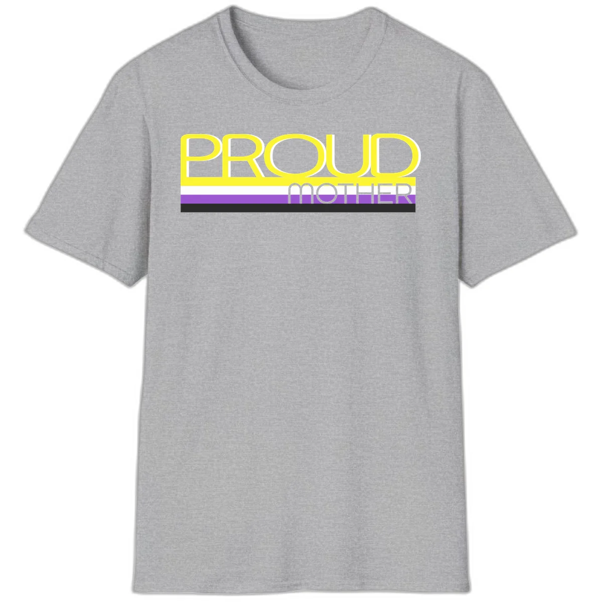 Bold yellow 'PROUD MOTHER' text with purple, white, and black horizontal pride stripes below on gray background in Sport Grey