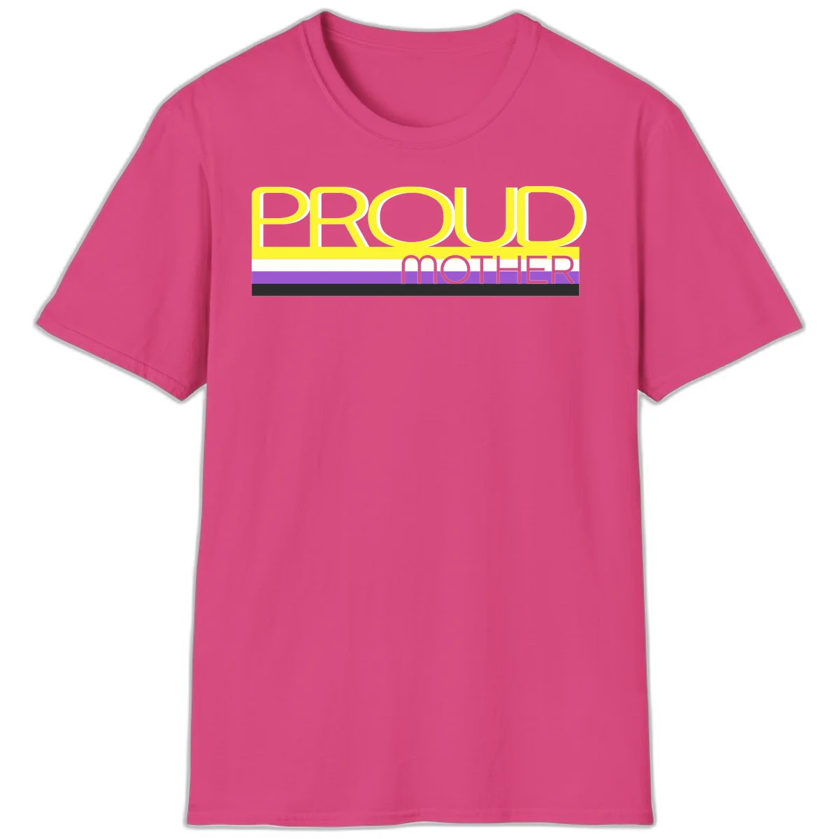 Bold yellow 'PROUD MOTHER' text with purple, white, and black horizontal pride stripes below on gray background in Heliconia