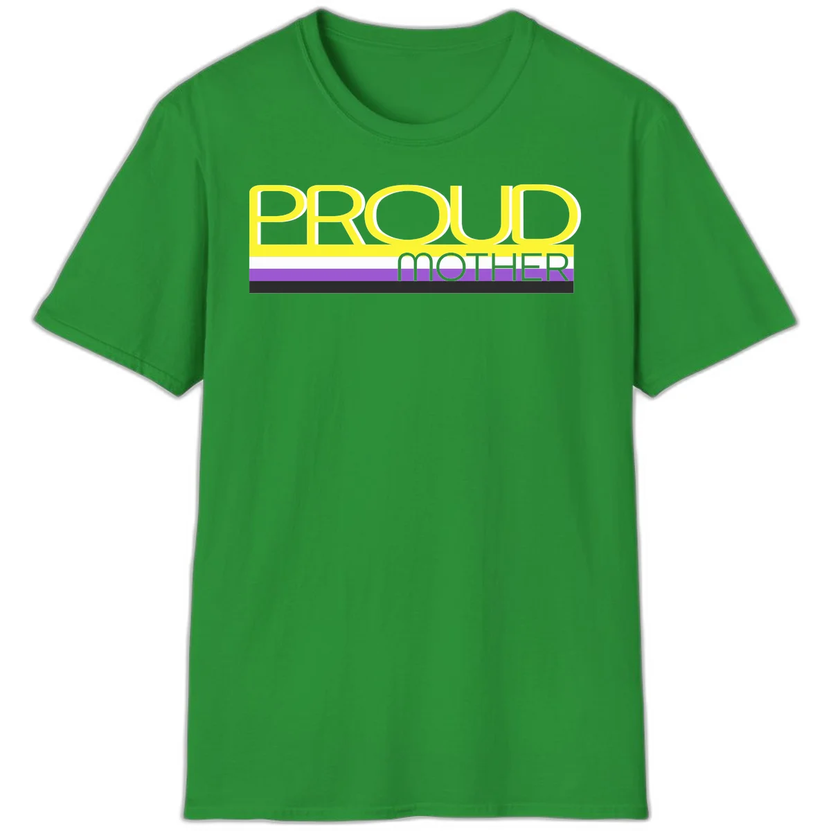 Bold yellow 'PROUD MOTHER' text with purple, white, and black horizontal pride stripes below on gray background in Irish Green