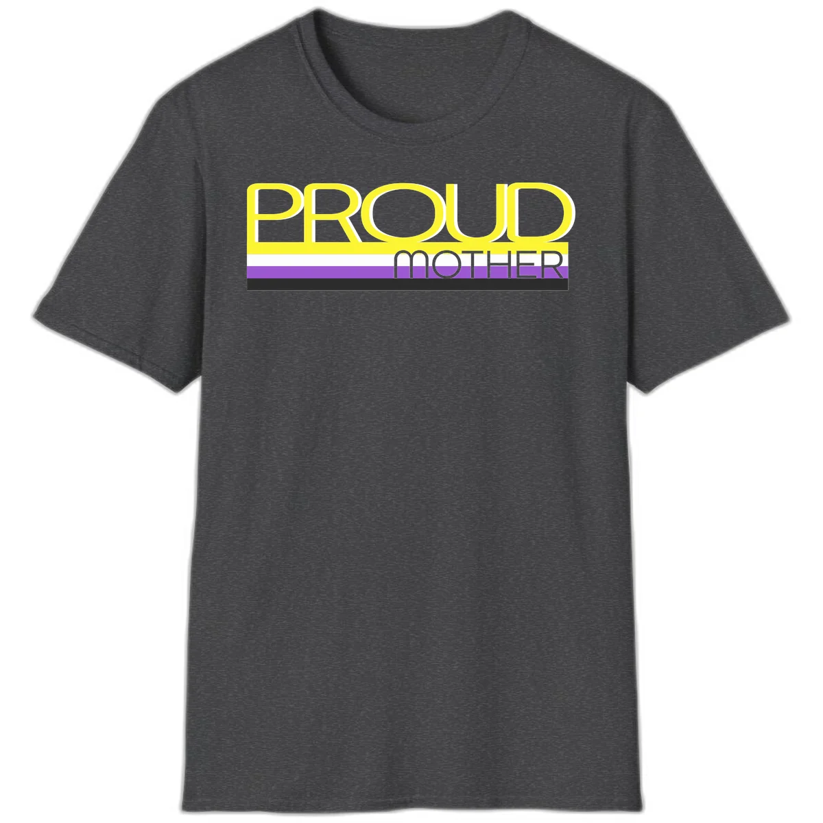Bold yellow 'PROUD MOTHER' text with purple, white, and black horizontal pride stripes below on gray background in Dark Heather