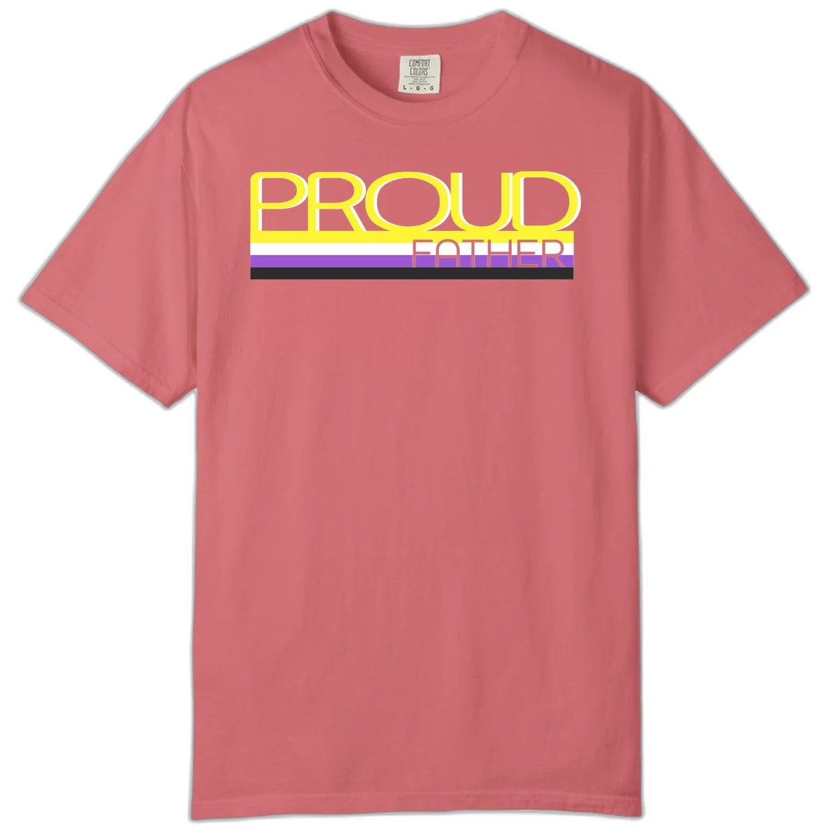 Yellow and gray text reading 'PROUD FATHER' separated by purple, white, and black horizontal pride flag stripes on gray background in Watermelon
