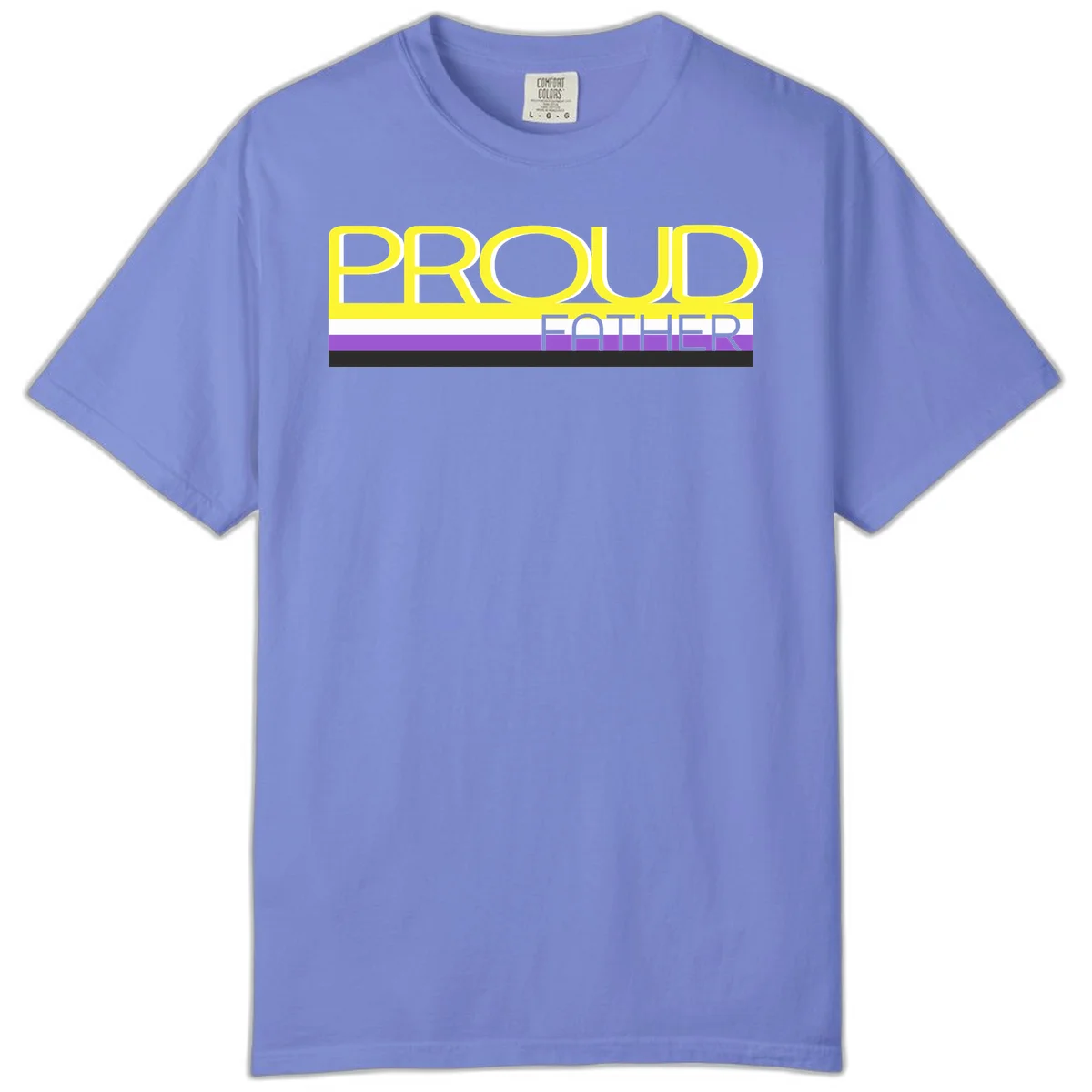 Yellow and gray text reading 'PROUD FATHER' separated by purple, white, and black horizontal pride flag stripes on gray background in Flo Blue