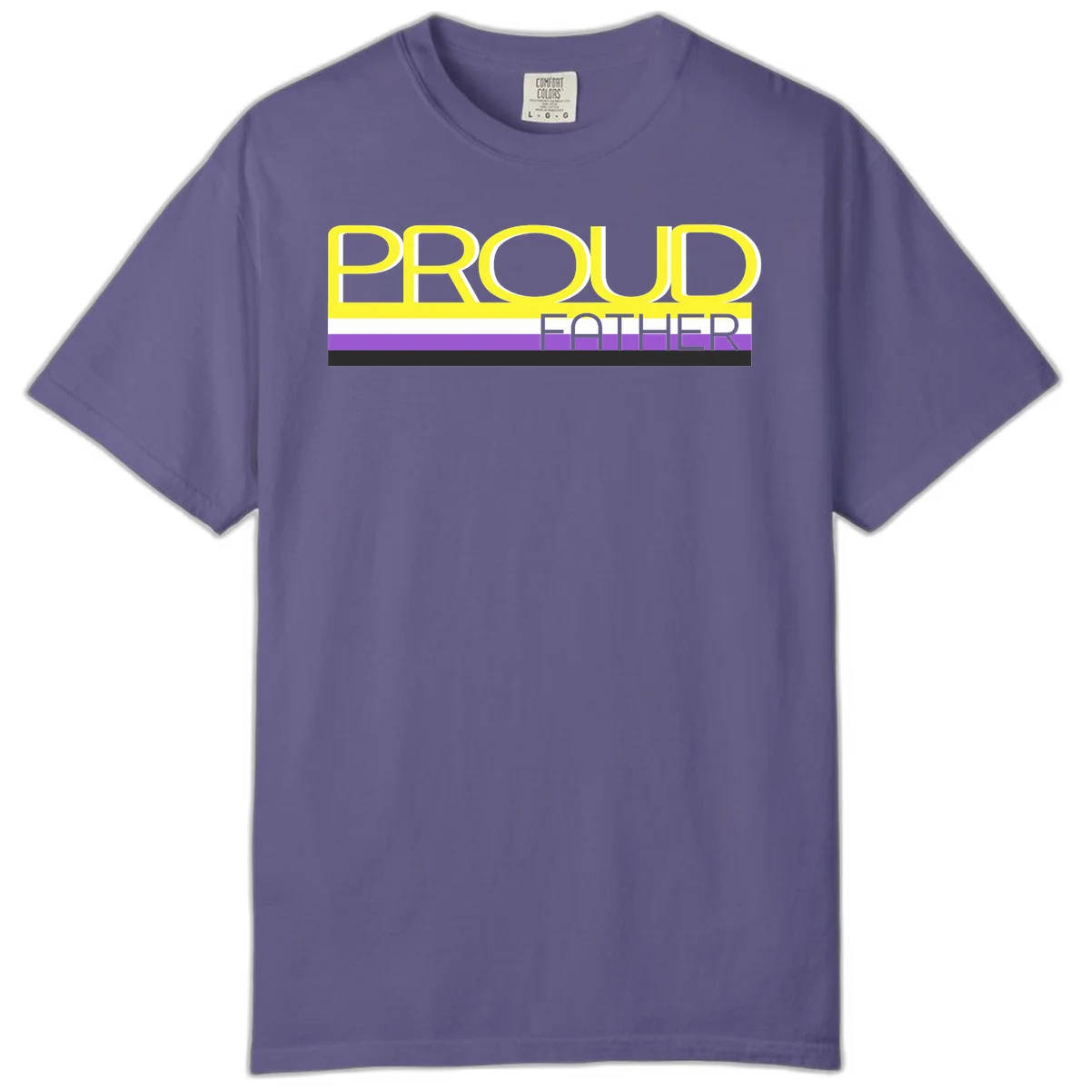 Yellow and gray text reading 'PROUD FATHER' separated by purple, white, and black horizontal pride flag stripes on gray background in Grape