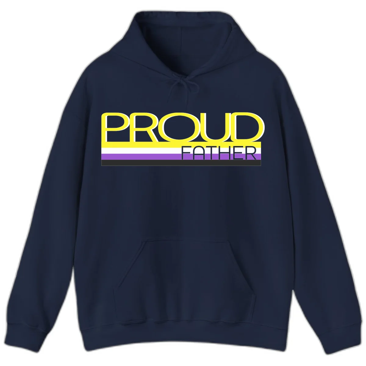 Yellow and gray text reading 'PROUD FATHER' separated by purple, white, and black horizontal pride flag stripes on gray background in Navy