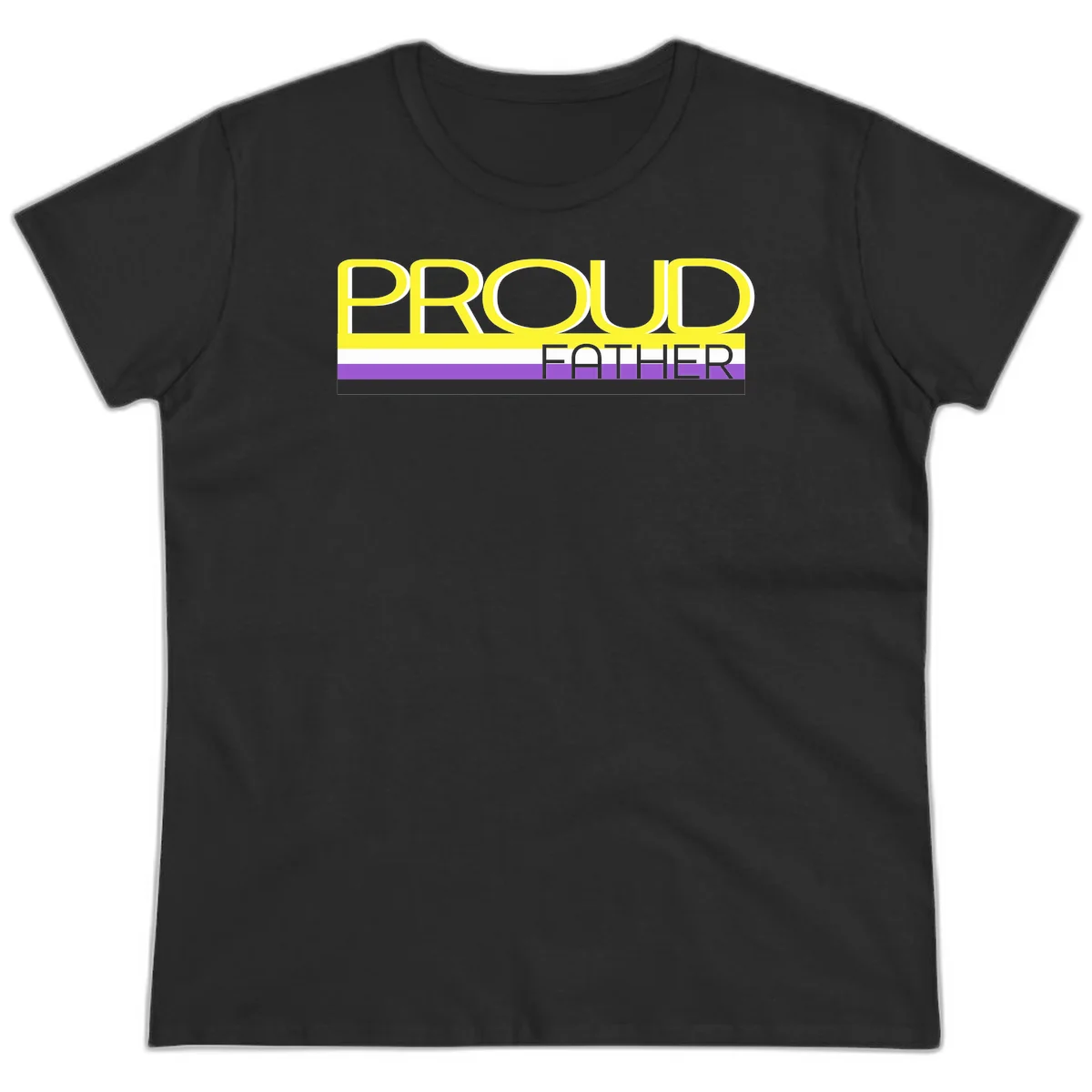 Yellow and gray text reading 'PROUD FATHER' separated by purple, white, and black horizontal pride flag stripes on gray background in Black