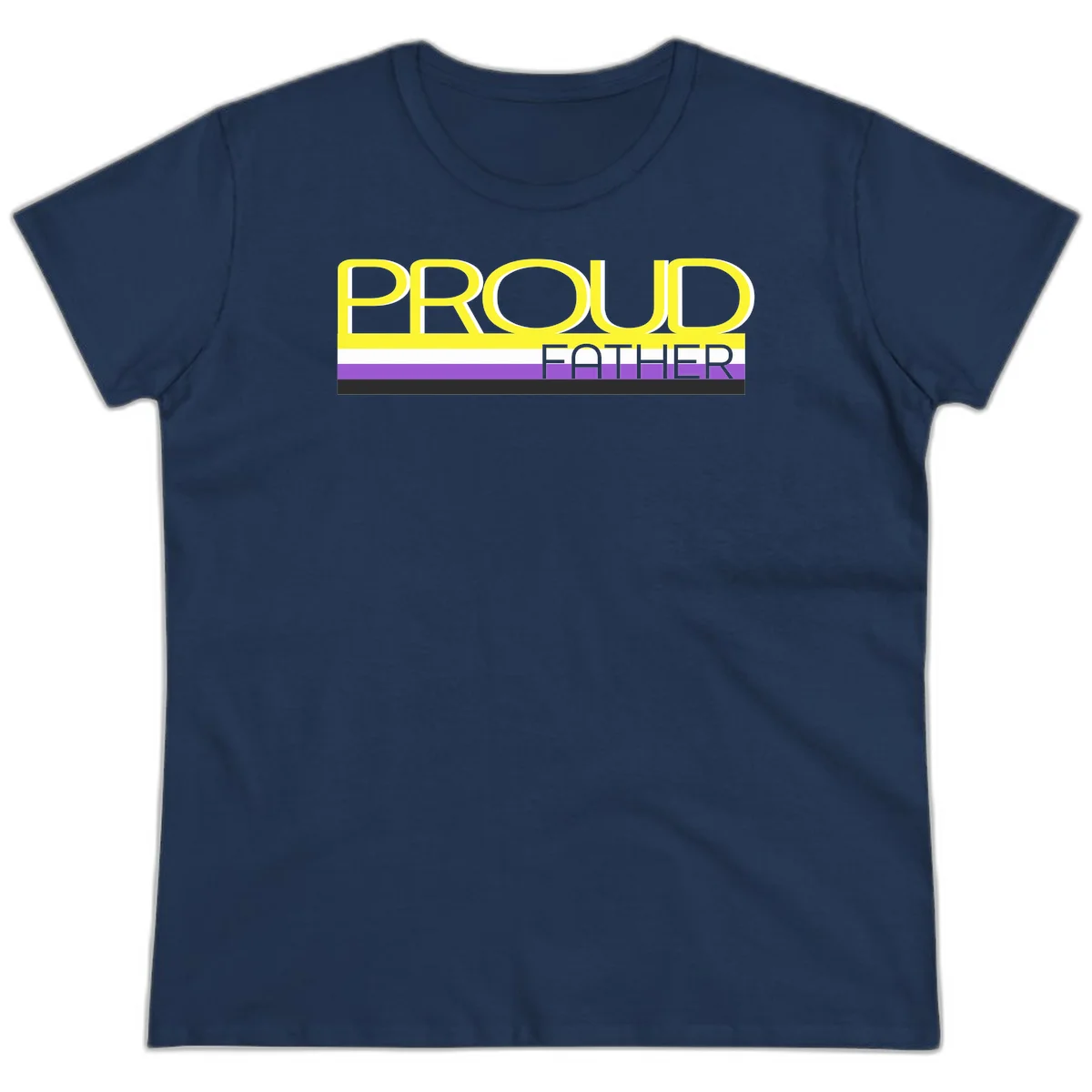 Yellow and gray text reading 'PROUD FATHER' separated by purple, white, and black horizontal pride flag stripes on gray background in Navy