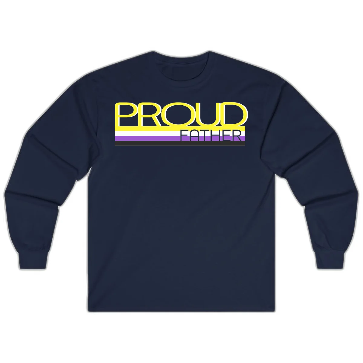 Yellow and gray text reading 'PROUD FATHER' separated by purple, white, and black horizontal pride flag stripes on gray background in Navy