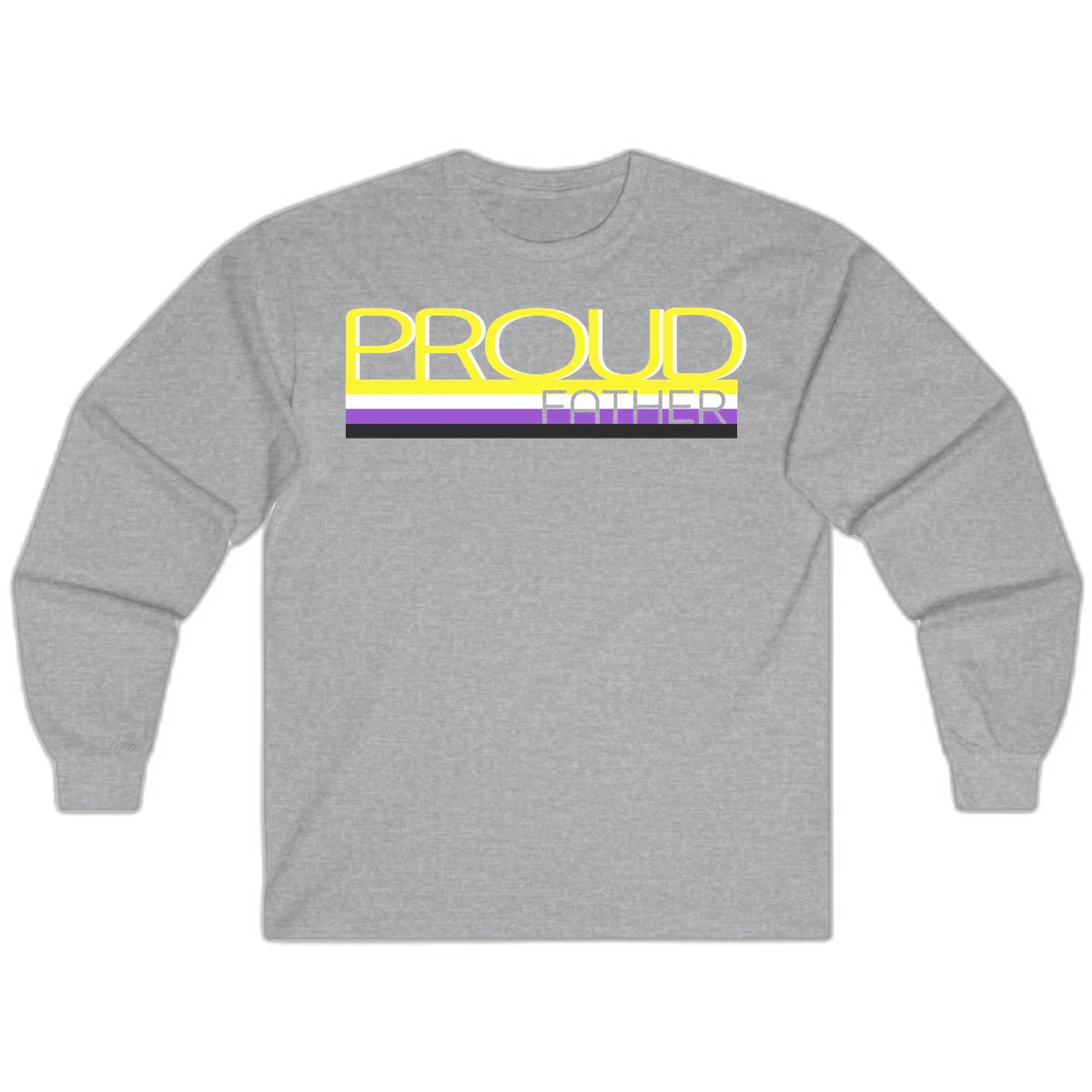 Yellow and gray text reading 'PROUD FATHER' separated by purple, white, and black horizontal pride flag stripes on gray background in Sport Grey