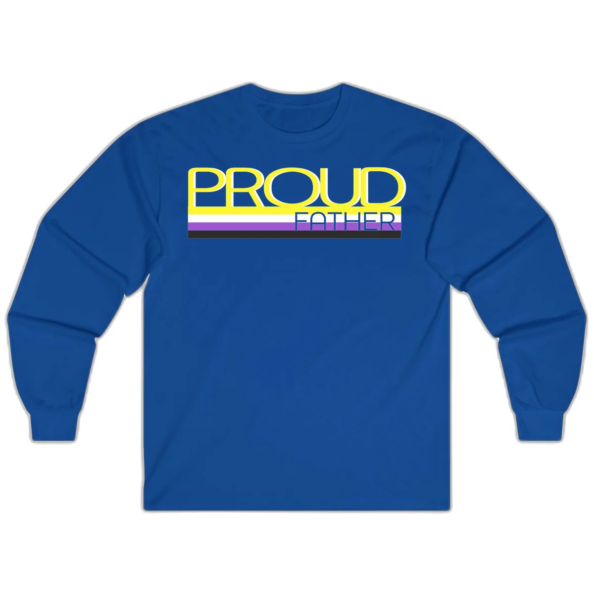 Yellow and gray text reading 'PROUD FATHER' separated by purple, white, and black horizontal pride flag stripes on gray background in Royal